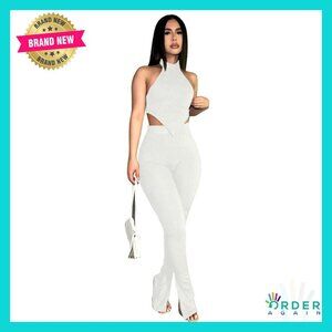 Ribbed Two Piece Outfit Sleeveless Crop Top High Waist Pants Set Party Wear